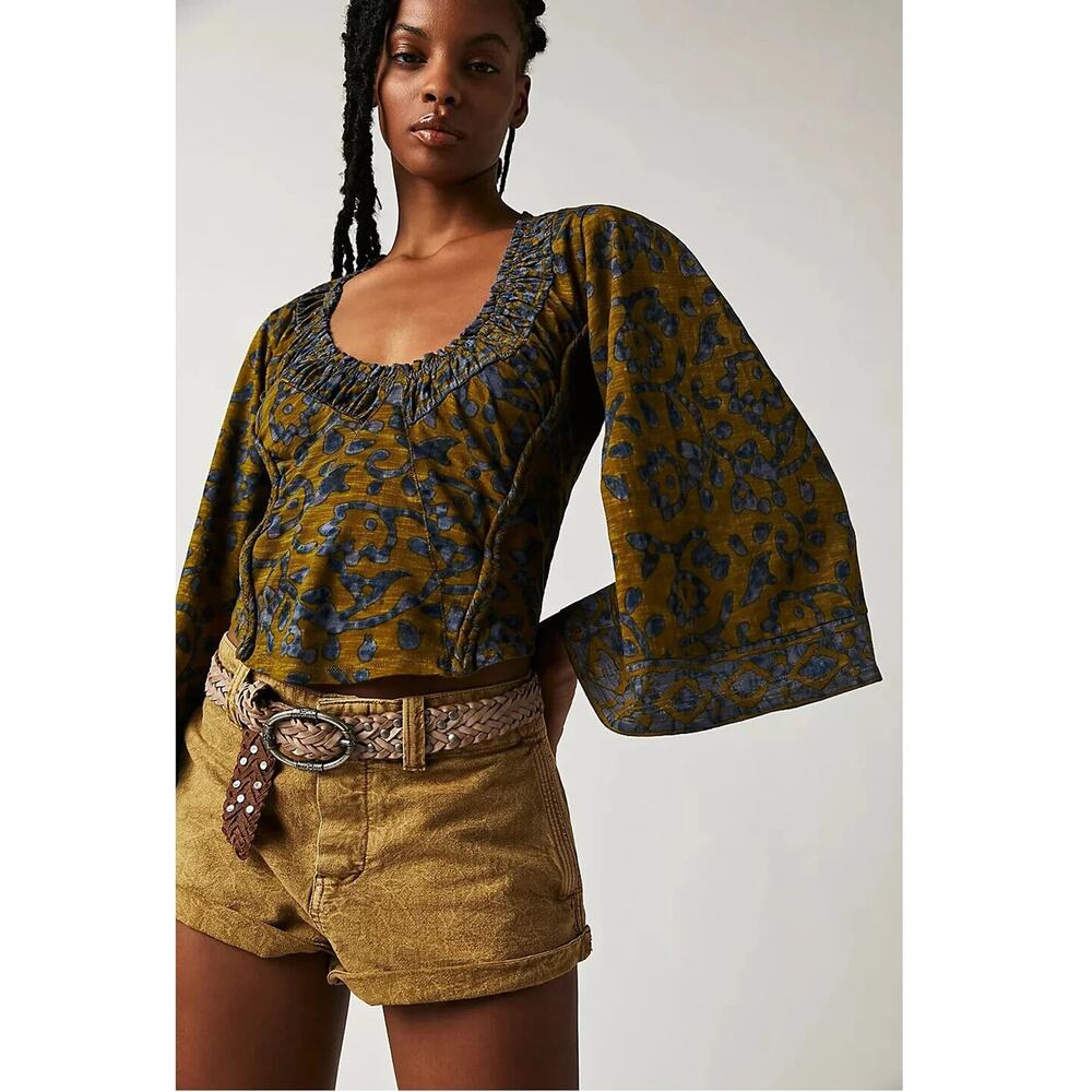 Free People Olive and Navy Floral Smocked Neck Blouse